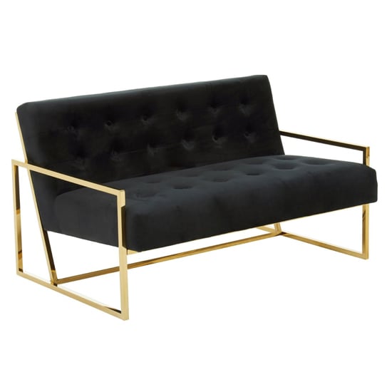 Azaltro Velvet 2 Seater Sofa With Gold Steel Frame In Black