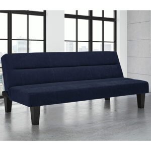 Keori Velvet Futon Sofa Bed In Blue With Wooden Legs