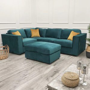 Hanley Velvet 4 Piece Corner Modular Sofa In Teal Green